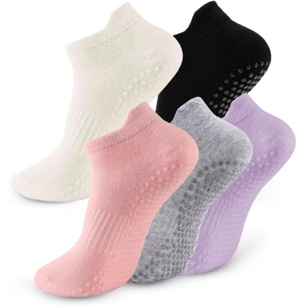 5 Pairs Pilates Socks with Grips for Women Non Slip Grip Yoga Crew Socks for Bar
